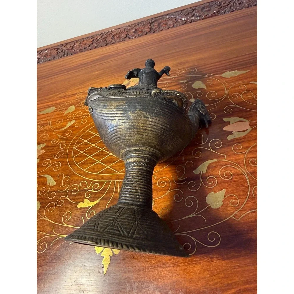 Antique‎ Indian Peacock Oil Lamp, Hand Cast Dhokra Brass Vessel